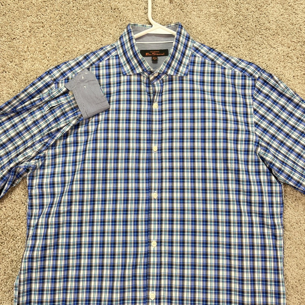 Ben Sherman‎ Men's Blue White Plaid Button Up Shirt Size Medium Flip Cuff